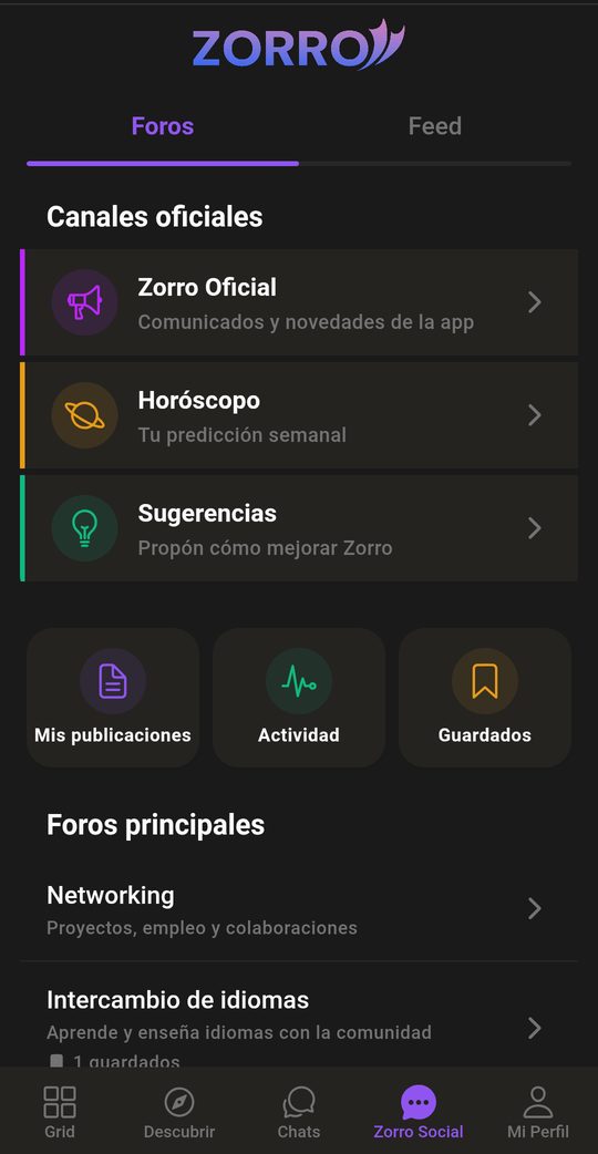 Pantalla principal de Zorro Social: foros y feed